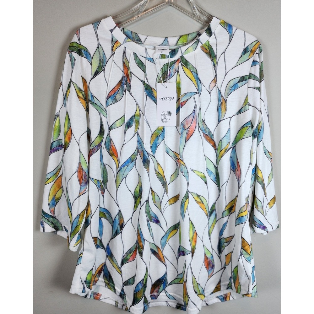 XIEERDUO Womens Sz XL‎ 3/4 Sleeve Top Stained Glass Style Contemporary Office